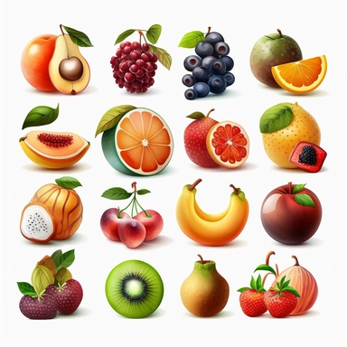 beautiful, 10 fruit stickers collection, clipart design, cartoon, 4k, white background, photo realism