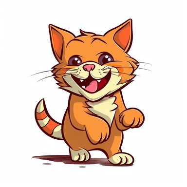Create a cartoon clipart graphic that depicts a cute cat cub playing and laughing . The cat cub should be smiling and jumping around with its paws in the air, having a great time. You can exaggerate its features to add a fun touch, such as making its ears extra big or its nose extra round. Make sure to use bright and cheerful colors to capture the playful atmosphere of the scene. The background should be a plain white color to make the cat cub stand out. Add some funny sound effects or speech bu