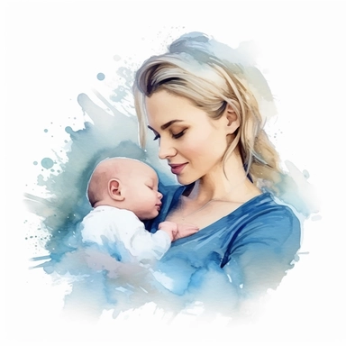 beautiful mom with newborn baby boy, watercolor effect, isolated white background, babyshower clipart, soft blue tones, 8k