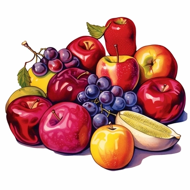 watercolor painting of a bunch of different types of fruits, in the style of red and purple, applecore, creative commons attribution, energy-filled illustrations, ferrania p30, light yellow and red, iso 200 Clipart desert cartoon t-shirt graphic, vector,contour, isolated on a white background