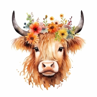 beautiful one of the kind watercolor clipart featuring a cute highland cow with poppies crown, in the style of delicate watercolors, wallpaper, 32k uhd, hand-painted details, oshare kei, wimmelbilder, joyful celebration of nature, close up, isolated on white plain background