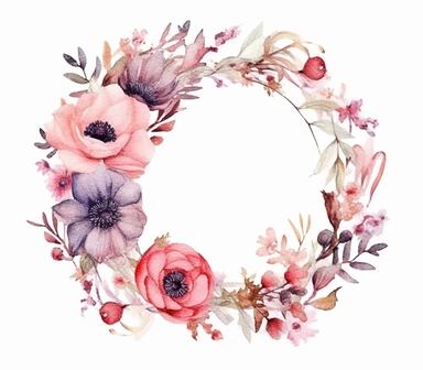 Experience the enchantment of nature with this 3D watercolor clipart featuring a mesmerizing floral wreath against a clean white background. The artwork is skillfully crafted to replicate the fluidity and vibrancy of watercolors, creating a visually striking composition. The clipart exudes a mood of tranquility and beauty, evoking the feeling of strolling through a blooming garden. Against the white background, the vibrant colors and intricate details of the watercolor flowers shine, adding a se