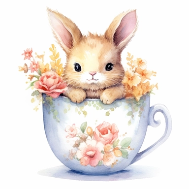 A cute bunny sitting inside a teacup filled with flowers, watercolor print, white background, watercolor paint, procreate watercolor drawing, Watercolor Sublimation design, realistic cartoon, realistic water based colors, clipart, transparent white background