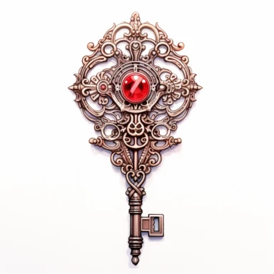 Watercolor intricate steampunk illustration of red key, clipart on white background, HQ, HD
