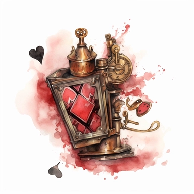 a steampunk device blowing out red heart poker cards, watercolor style, clipart, white background