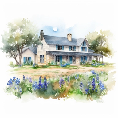 Visualize a clipart-style watercolor illustration of a detailed farmhouse surrounded by wildflowers on a summer day, set against a clean white background. Render the ranch-style farmhouse, painted with vivid blues and bright greens against a clean white background. The composition should focus on the sprawling, horizontal layout of the ranch house, capturing its simple, rustic charm. The composition should place the farmhouse centrally, emphasizing its intricate details and summer vibrance