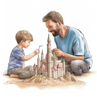A father and son building a sandcastle on the beach, Watercolor, Clipart, detailed, high resolution, transparent background PNG