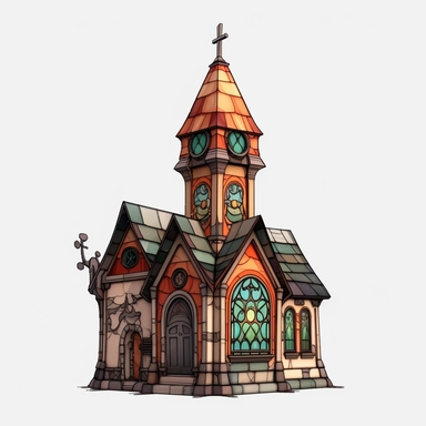 a little cartoon church, pixar, clipart, stained glass windows, cross on top, blank background, sharp lines, 8k
