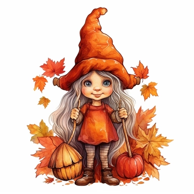 A delightful, hand-drawn clipart image of a friendly female gnome with no beard, dressed in a charming, orange ensemble, sporting a tall, orange pointy hat, and standing with a welcoming smile, pumpkins pinecones and fall leaves, presented on a transparen