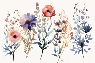 enchanted RED AND BLUE flowers ARRANGMENTS, WATERCOLOR HAND PAINTED clipart, WATERCOLOR AIRY PASTEL COLORS, VISIBLE WATERCOLOR BRUSH TOUCHES, WATERCOLOR SPLASHESD, DREAMY AND ELEGANT, COLORFUL DREAMY FLOWERS, white background, WATERCOLOR 8k,