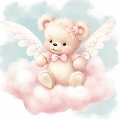 clipart, a whimsical illustration of a contented, loving and angelic baby teddy bear with a pair of angel wings wearing pajamas, floating on a cloud, surrendered by pink fluffy clouds, Use a smooth and light watercolor technique to give the artwork a dreamy and ethereal quality