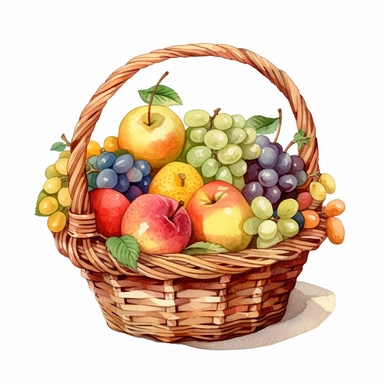 one basket fruit watercolor clipart on white Background, in the style of elaborate fruit arrangements, realistic landscapes with soft, tonal colors, colorful pixel-art, extravagant table settings, wimmelbilder, nature scenes, tightly cropped compositions , no watermark, text, words, paintbrush, 300 DPI , typography, the images do not stick together, no text in the picture, there are no words in the tree