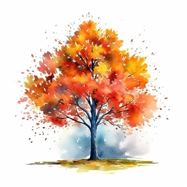 watercolor style, autumn tree in the part with falling leaves, clipart isolated on white background, 4K