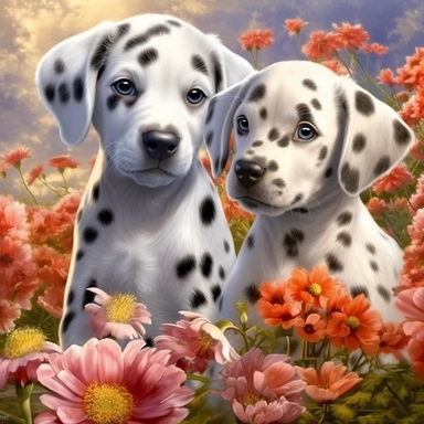 clipart, dalmation puppies in different flowers, in the style of hyper-realistic animal illustrations, herb trimpe, magali villeneuve, strong facial expression, pastoral charm, muralist, captivating