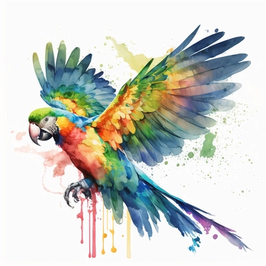 watercolour flying tropical beautiful magnificent vibrant parrot beautifully detailed perfect facial features png image,high resolution,300dpi,graphic clipart,computer graphics