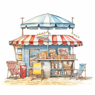 A retro-inspired beach scene with colorful umbrellas and beach towels, vintage-style beach chairs, and a beachside snack bar serving up refreshing drinks and tasty snacks, clipart, watercolor, white background, american style
