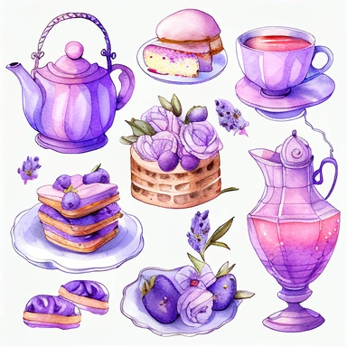 Draw a set of cartoon - style watercolor illustrations of a lavender - themed afternoon tea in shades of purple and pink. The images should have a elegant, refined, and sweet aesthetic, incorporating elements such as lavender - scented desserts, teas, and other culinary items such as macarons, scones, and a teapot. Individual images cliparts