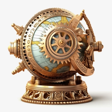 Vintage-inspired antique gold steampunk globe with intricate clockwork details. Pastel clipart, hyper-realistic, retro-futurism, solid white background