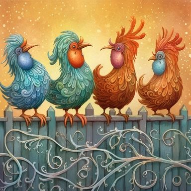 Whimsical magical wacky chickens on a fence, muted colors, swirls, twists, twirls, metallic, glitter, stylized, funny, centered, airbrushed, digital oil, detailed illustration, clip art, cartoon, 8k,-- ar 9:8