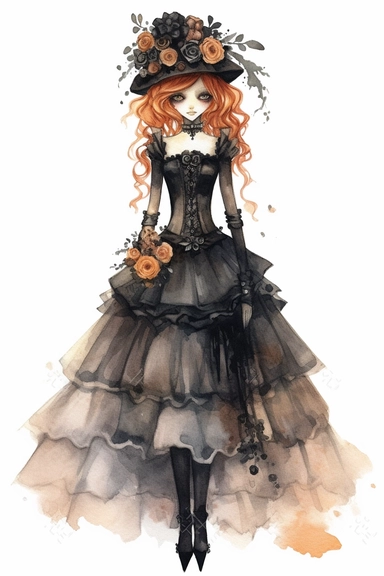 watercolor mixed media goth steampunk bride girl entire body and bridesmaids in goth steampunk wedding decor illustration clipart by holly hobbie