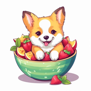 Clipart of a cute dog eating fruits kawaii style full multicolor white background