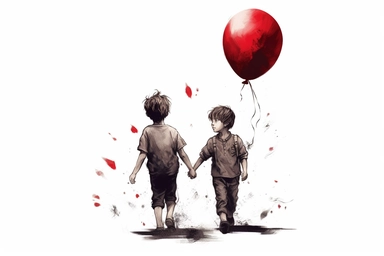 cute beutiful boy and boy holding hands, red half of the heart shape balloon geometric minimalist , valentine's day, top view, running in Tokyo, ink, Ghibli style, 8k, Leyka 35mm very detail clipart on white background space out 8k