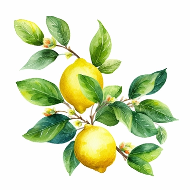 Watercolor clipart vibrant big branch with lush green leaves , The watercolor medium beautifully captures the essence of lemons, with their bright yellow hues blending seamlessly into subtle gradients, creating a sense of depth and texture. The delicate brushstrokes bring out the natural curves and contours of the lemons, while the leaves add a touch of organic elegance to the composition. These watercolor lemons with leaves are perfect for adding a splash of zest and vibrancy to your creative p