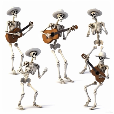 collection halloween dancing skeletons playing guitars, clipart, white background