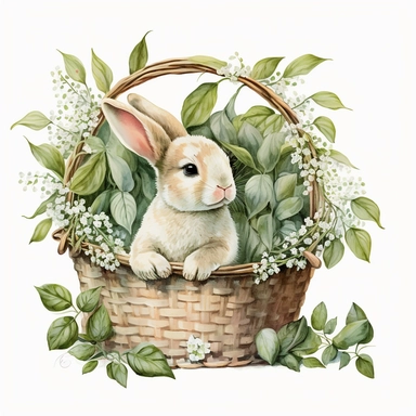 Watercolour , cute bunny, in basket, lily of the valley, easter,cottagecore, vibrant, Clipart,white background, detailed, 8k,