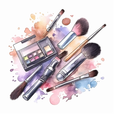 Beauty cosmetic watercolor clipart with soft colors on a white background, featuring a range of makeup items such as lipstick, eyeshadow palette, mascara, and makeup brushes, executed in a delicate watercolor style with pastel hues,