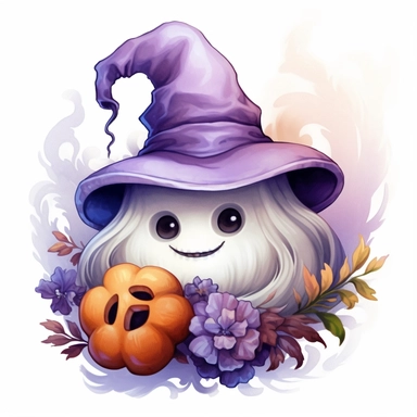 Cute Ghost wearing a Halloween hat, pumpkin, purple flowers, Halloween sublimation, watercolor, digital painting, highly detailed, realistic,style by Lucy Fleming, watercolor, smooth gradients, black contour outline, ultra detailed, clipart elements, delicate pastel colors, solid white background, super clear, high quality