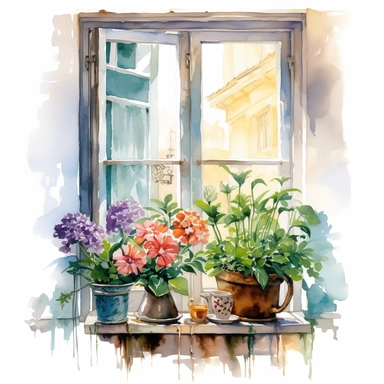 home flowers standing front of a big boho style window with watercolor effect,suitable for digital clipart,white background,greenery plants,home style plants,vibrant scene