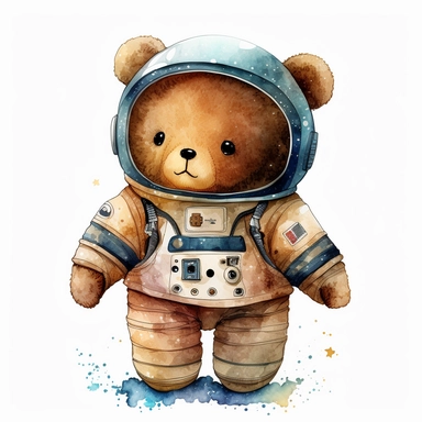 imagine a cute cuddly stuffed toy teddy bear as an astronaut, watercolour, clipart, no background