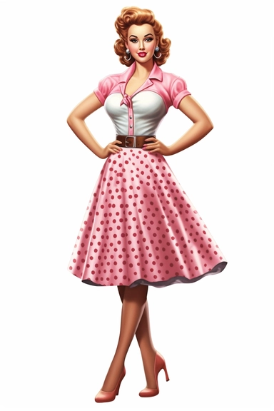 full body shot of a posing housewife against white background, in the style of vintage-inspired pin-ups, realistic figures, polka dot madness, pink and amber, against qhite background clipart png