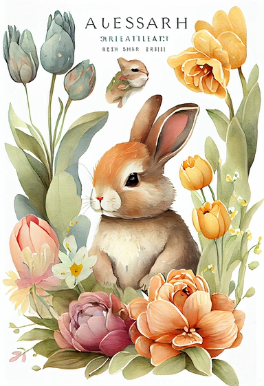 *super cute bunny clipart + watercolor + tulips and spring flowers + detailed and intricate + soft water color + hypermaximalist + elegant + detailed + realistic + illustrated by richard johnson, disney style + winner of the award for best children's book illustrations + full illustration + on white background + 8k