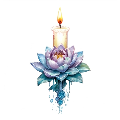 enchanted Front illumination of ultra realistic watercolor of full body of a cute mindfulness lotus candle ,deep meaning, profound, highly detailed and realistic, insane quality, mystic, wiccan, art nouveau art style, clipart witchcore dreamcore cottagecore, good looking meditation, yoga calm, serene, healthy, white background no text, isolated on white, watercolor illustration, award winning, strong and sharp lines