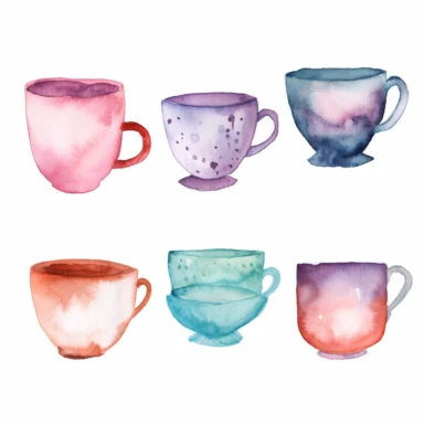 teacup collection, watercolor, retro, clipart, white background