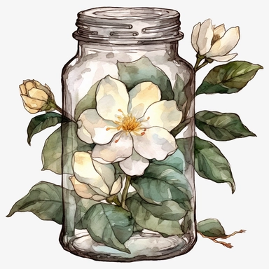 A bunch of gardenia in a glass jar no water mark, water colour clipart