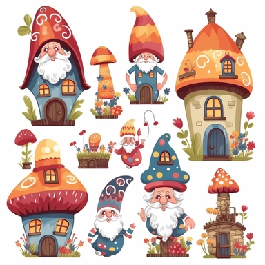 Clipart set of different cartoon gnomes and cartoon little mushroom houses, white background,