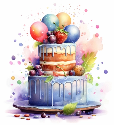 cake, balloons, and cake clipart, in the style of stephanie pui-mun law, drippy paint splatters, helen allingham, instax, joyful celebration of nature, ink-washed, festive atmosphere