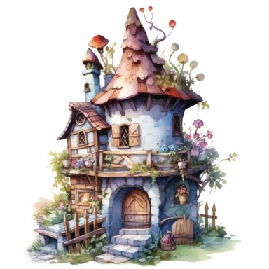 a detailed watercolor fairy house clipart, where delicate lines and vibrant hues create a charming dwelling for magical creatures to call home, 8k, fantasy style, white background