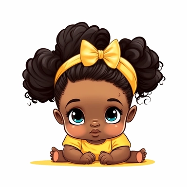 Cute Peekapoo new born baby black girl clipart with two hair buns in colorful cloth, white background