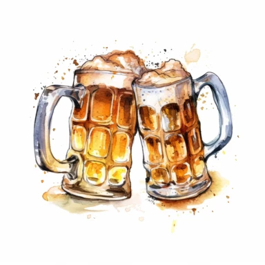Design cliparts of beer mugs clinking together in a celebratory toast, capturing the spirit of camaraderie. cartoon, watercolor illustration, cartoon clipart, white background for removing background