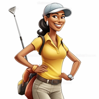 clipart of happy beautiful hispanic female golfer, non pink outfit, cartoon, 8k, white background, stickers, High resolution 300DPI