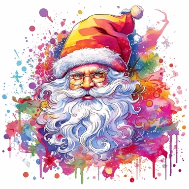 Santa Claus, style by Lisa Frank, watercolor, smooth gradients, black contour outline, ultra detailed, clipart elements, vibrant colors, solid white background, super clear, high quality