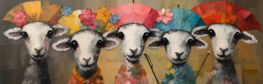 a row of cute miniature lambs, a collage of mixed media art made with tissue paper, magazine and newspaper clippings, oil paint, graphite pencil lines and fabric, in the style of playful surrealism, whimsical, washi tape
