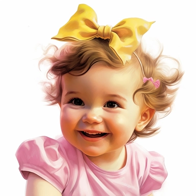 Adorable, cute, caucasian, baby girl, happy, smiling, wearing a yellow shirt and a pink satin ribbon in her hair, extreme focus, professional artists rendition, no text, no logo, no name, no letters, Highly Detailed, clip art, white background, smooth edg