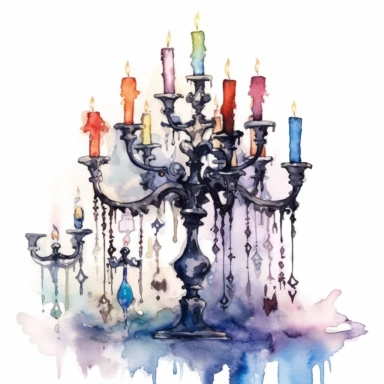Watercolor, dreamlike, magical, illustration, incredibly details, bright colors, haunting, sharpen details, deep details, Candelabra Charm: Create clipart featuring ornate candelabras with flickering candles, casting eerie shadows and illuminating the ghostly couple in a soft, haunting light on a white background--hd--ar3:2--dreamlike realistic--v5--v5--v5--v5--v5--v5--v5--v5--v5--1000