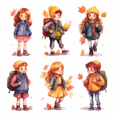 watercolor, Set of boys and girls going to elementary or middle school Happy pupils holding books surrounded by autumn leaves isolated on white. Collection of children with backpacks or bag png Full body realistic cartoon in 32K UHD cute. 15 cm thick outline. Black color. There was no shadow on the ground. 8k with realistic watercolors and detailed illustrations. PNG clipart, transparent white background