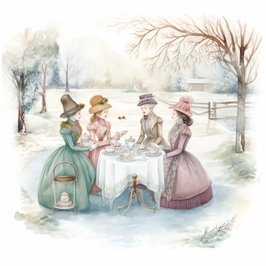 complex watercolor illustration of four victorian women/ladies having a Garden Tea party in a euphoric winter landscape, cottagecore, in KARL MARTENS style isolated,concept,art,8k,hd,watercolor,detailed,on white backround,clipart,--aspect 2:3